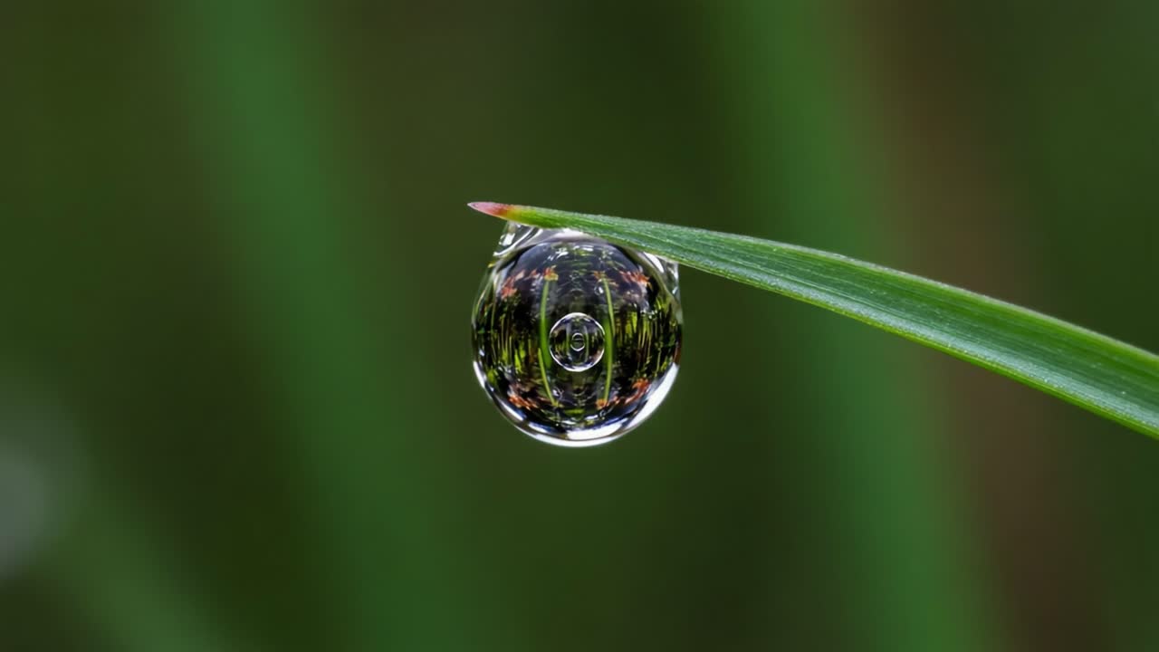 A Captivating Close-Up of a Water Droplet Suspended on a Blade of Grass, Capturing the Reflections of Nature in Stunning Clarity Against a Soft Green Background