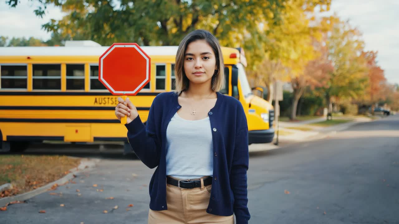 A woman holding a stop sign in front of a school bus