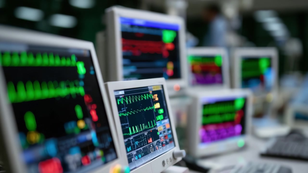 Sistemi avanzati di monitoraggio medico che mostrano i segni vitali su più schermi in un ambiente clinico, enfatizzando la tecnologia e l'assistenza al paziente.