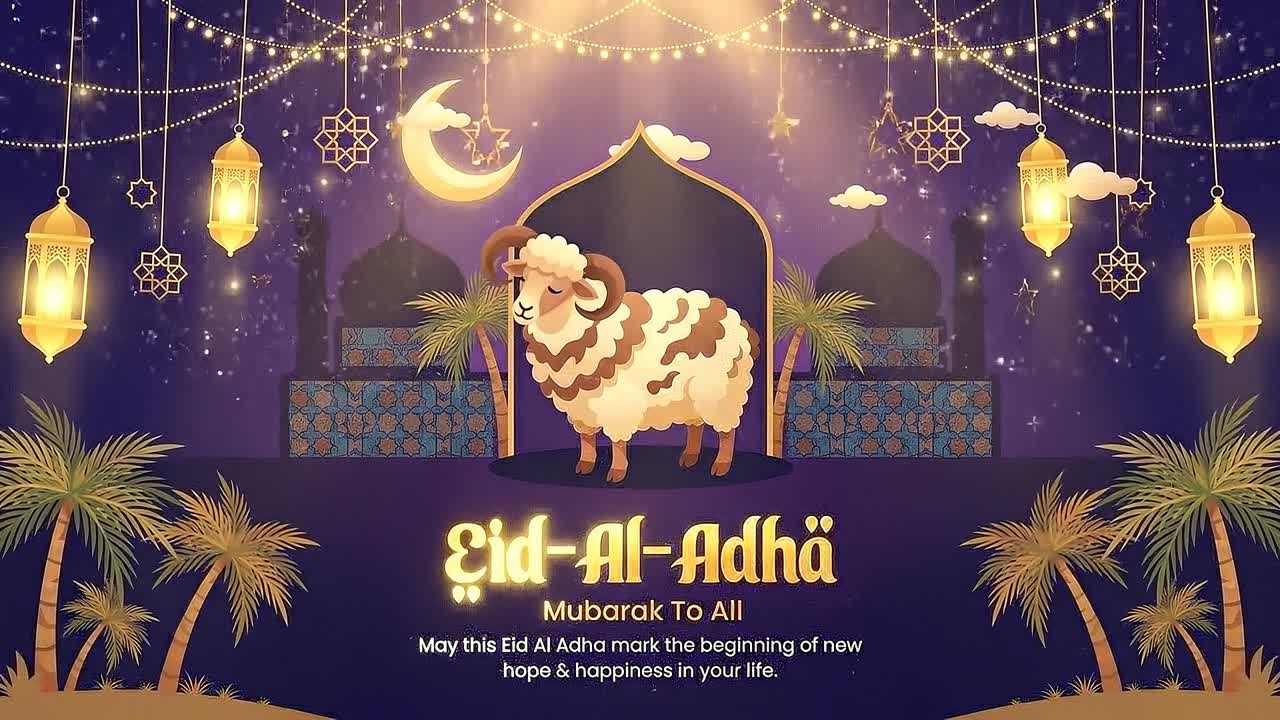Animazione banner di auguri per Eid al-Adha con ariete decorativo in piedi sotto una luna crescente luminosa, circondato da lanterne e palme.
