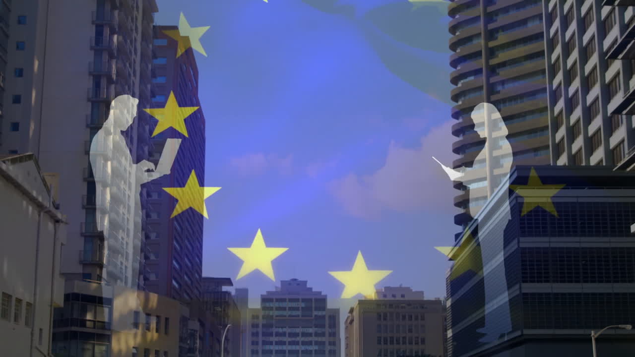 European Union stars animation over cityscape with tall buildings and people
