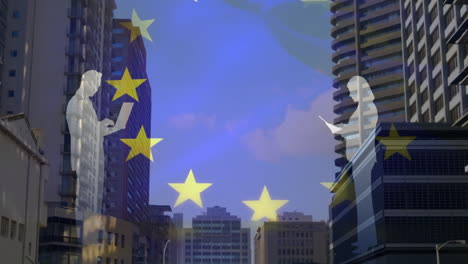 european union stars animation over cityscape with tall buildings and people