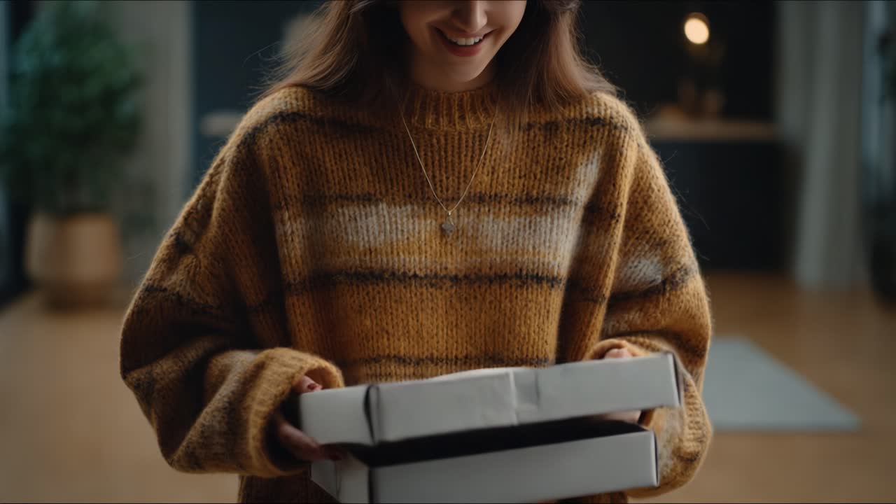 A Young Woman in a Cozy Sweater Opening a Surprise Package with Anticipation and Joy, Capturing the Delight of Unboxing an Unexpected Gift