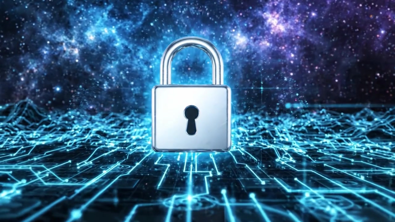 Exploring the Intersection of Cybersecurity and Cosmic Imagery: A Digital Lock Amongst a Sea of Stars and Neon Lines Representing Data Security and Connectivity