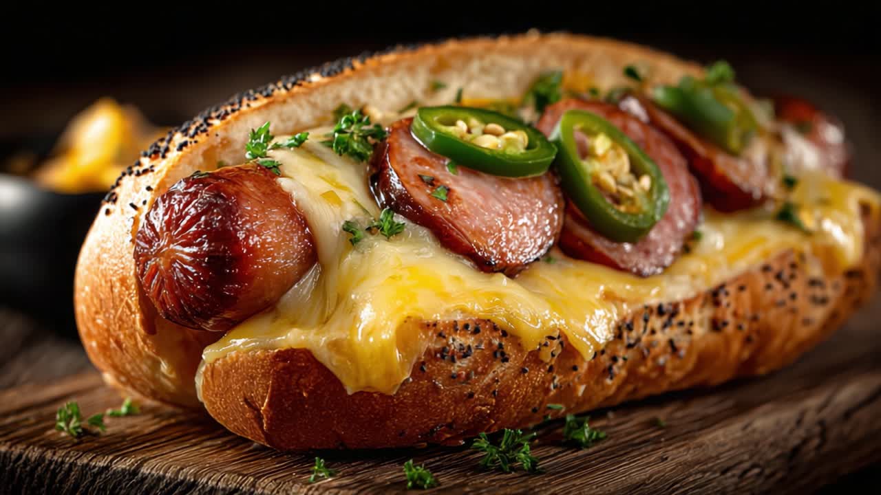Un hot dog gourmet deliziosamente farcito con salsiccia saporita, formaggio fuso e jalapeños piccanti, perfetto per gli amanti del cibo e gli appassionati di cucina