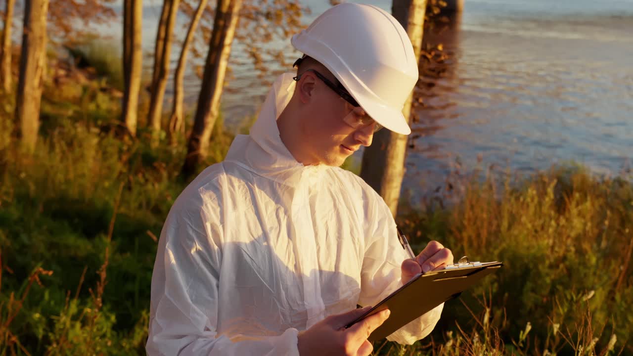 Un ispettore esamina campioni di piante all'ora d'oro accanto a un sentiero sul lago, valutando il rischio di contaminazione all'aperto
