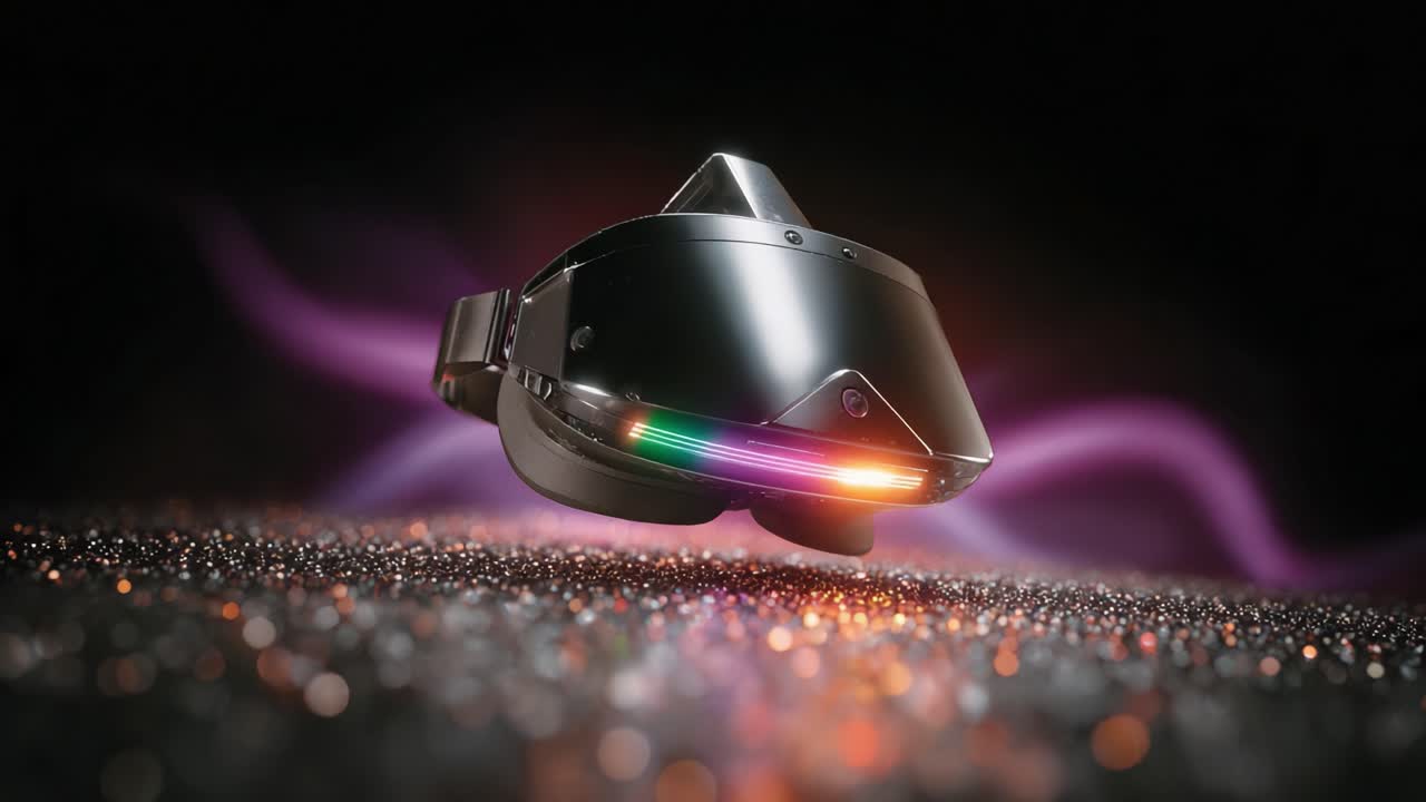 Sleek, metallic virtual reality headset with glowing rainbow lights hovering over a shimmering, bokeh filled surface, with ethereal purple light waves pulsating in the dark background