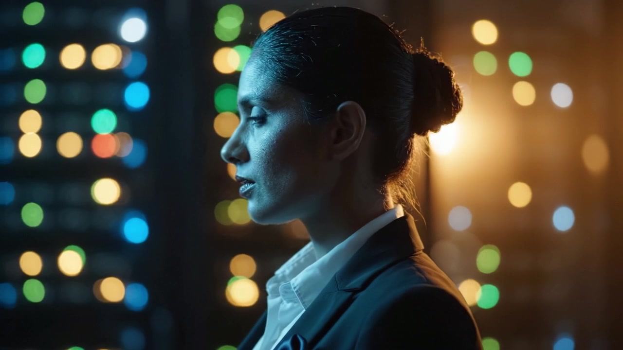 A focused professional woman evaluates data in a high-tech server room, illuminated by colorful lights, representing innovation and technology in the digital age.