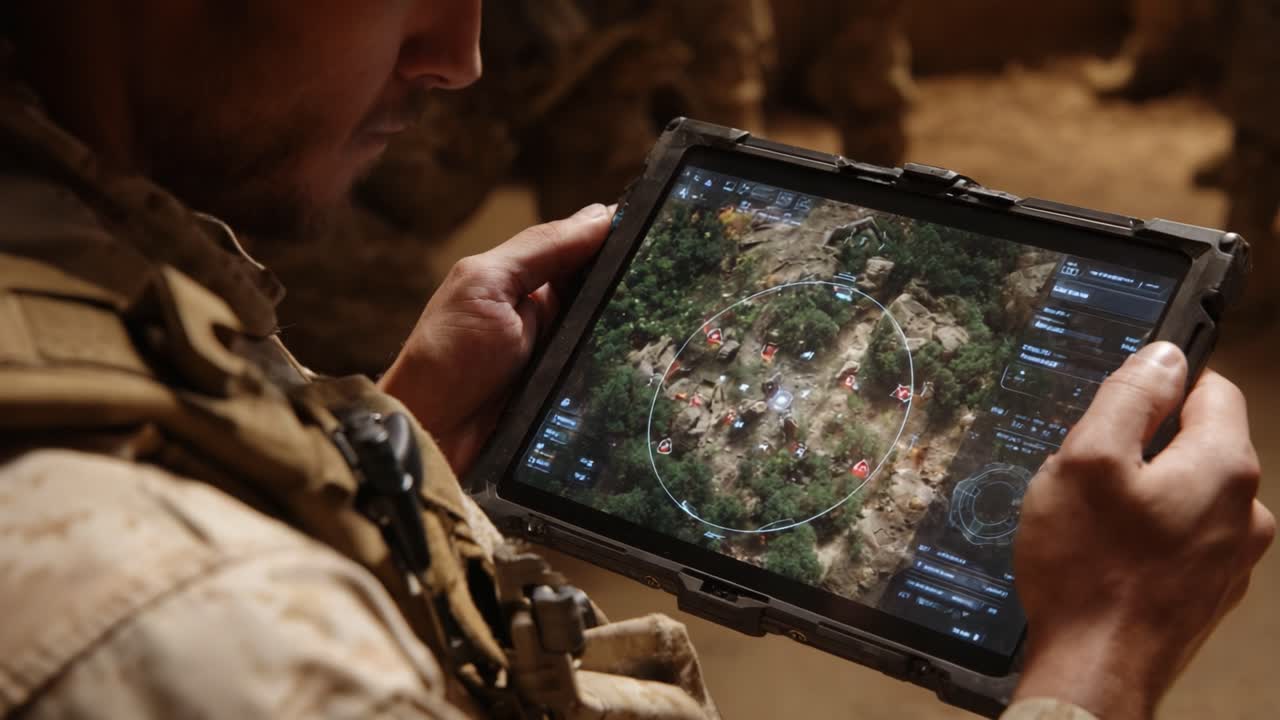 A soldier analyzes a tactical display on a rugged tablet, showcasing a detailed map of strategic positions during a military operation in a combat environment