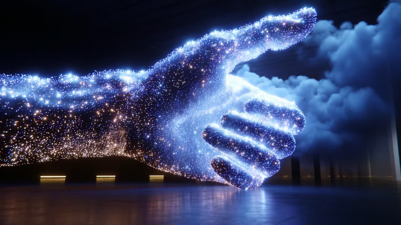 A Stunning Visualization of a Cosmic Hand Crafted from Shimmering Stardust, Reaching Out with an inviting Gesture Amidst a Dreamlike Setting Filled with Ethereal Clouds and Mystical Light Patterns