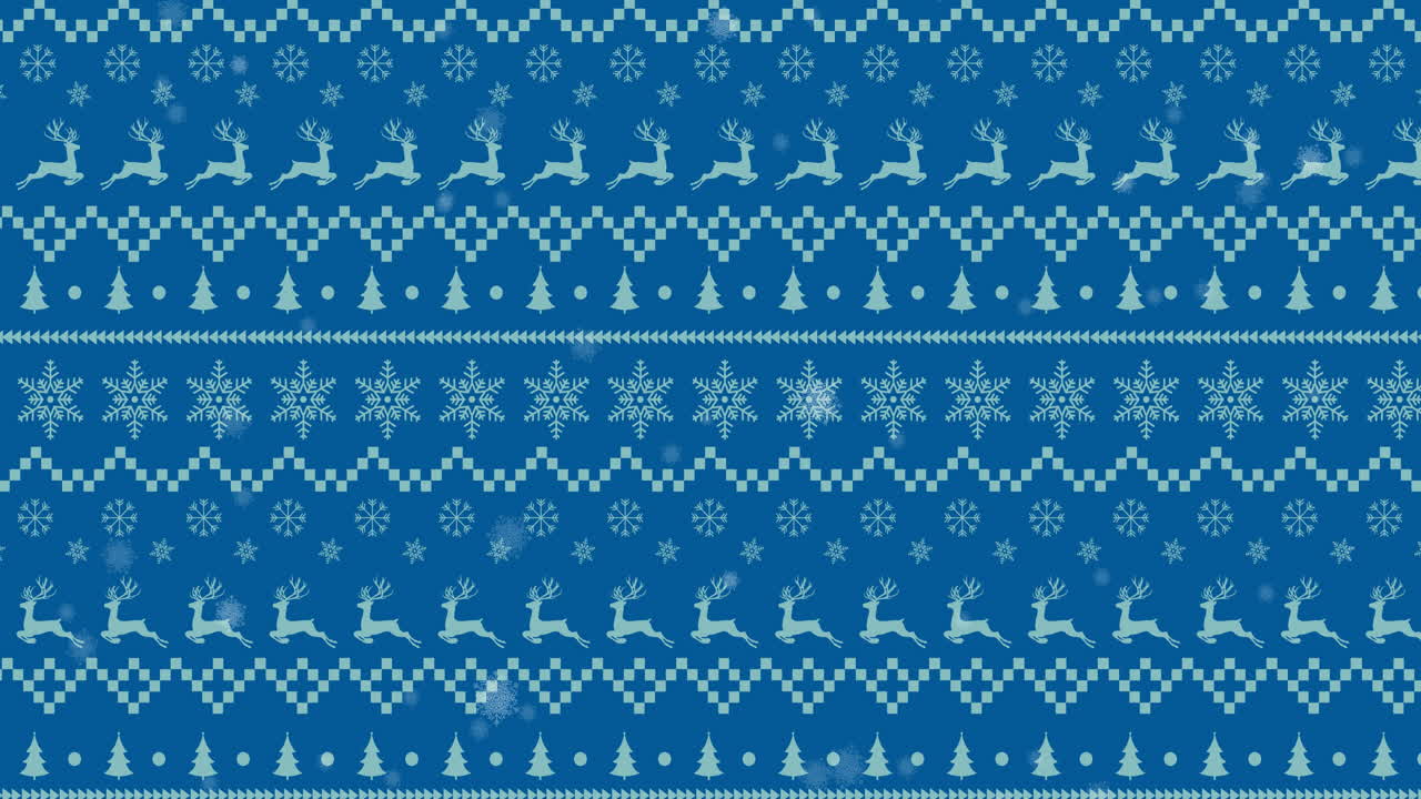 Animation of snow falling over christmas pattern on blue background