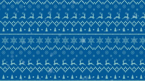 animation of snow falling over christmas pattern on blue background