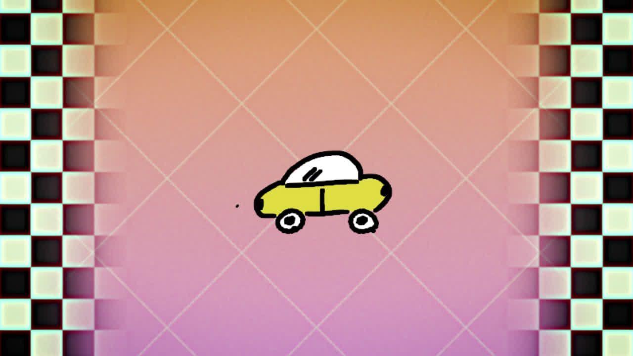 Disegno di auto su sfondo rosa con scacchiera in bianco e nero che si muove a sinistra e a destra