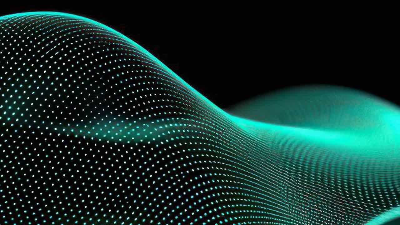 Abstract digital wave with a glowing turquoise grid pattern, viewed from a low angle