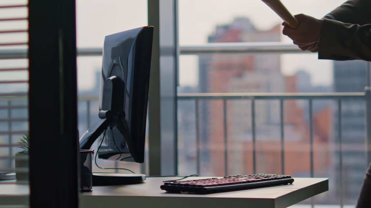 Office worker broking monitor with baseball bat modern cityscape cabinet closeup