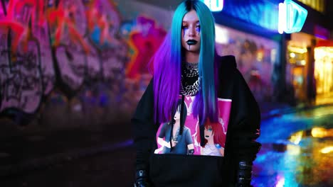 stylish woman in neon cityscape