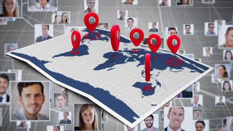 animation of map with location pins, globe with network of connections and business people photos