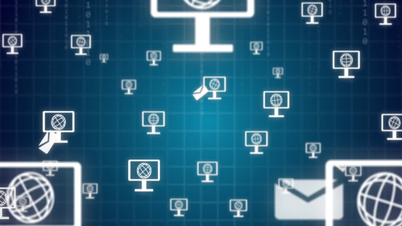 animación de los iconos de la computadora y del sobre sobre el procesamiento de datos en fondo azul.