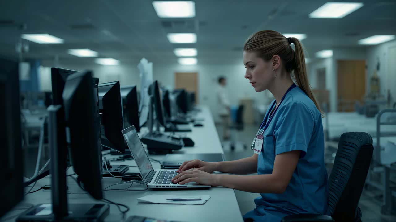 Typing nurse in blue scrubs with stethoscope entering data on laptop at nurses station, copy space