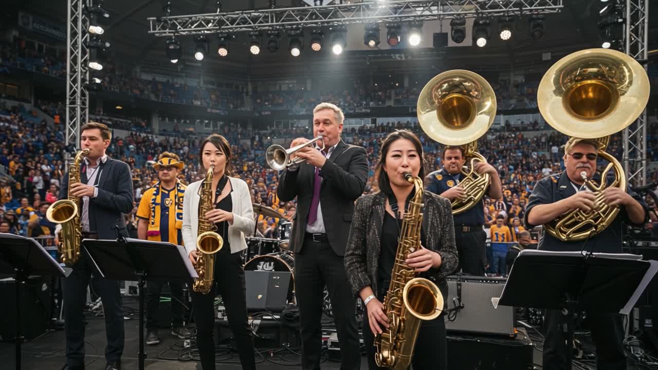 Dynamic Brass Ensemble Enlivens Crowd with Energetic Performance, Showcasing Talented Musicians on Stage with Enthusiastic Audience in the Background