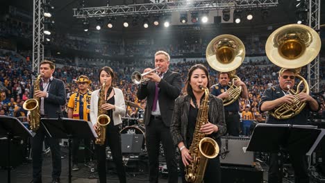 dynamic brass ensemble enlivens crowd with energetic performance, showcasing talented musicians on stage with enthusiastic audience in the background