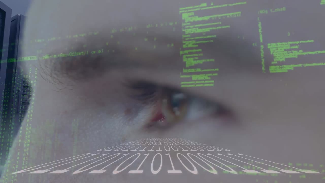 어두운 배경 위의 데이터 처리 및 시계의 애니메이션