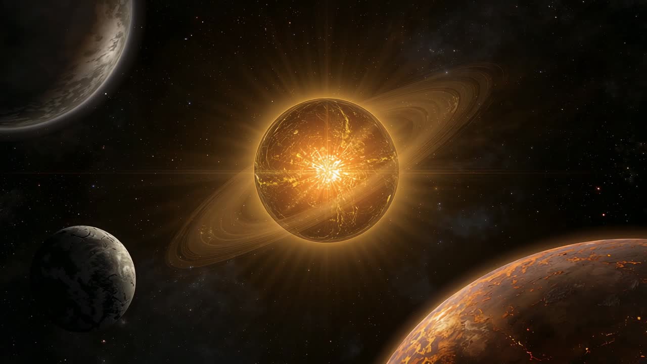 Flickering molten ringed star sending energy pulses through deep space, flanking rocky planets
