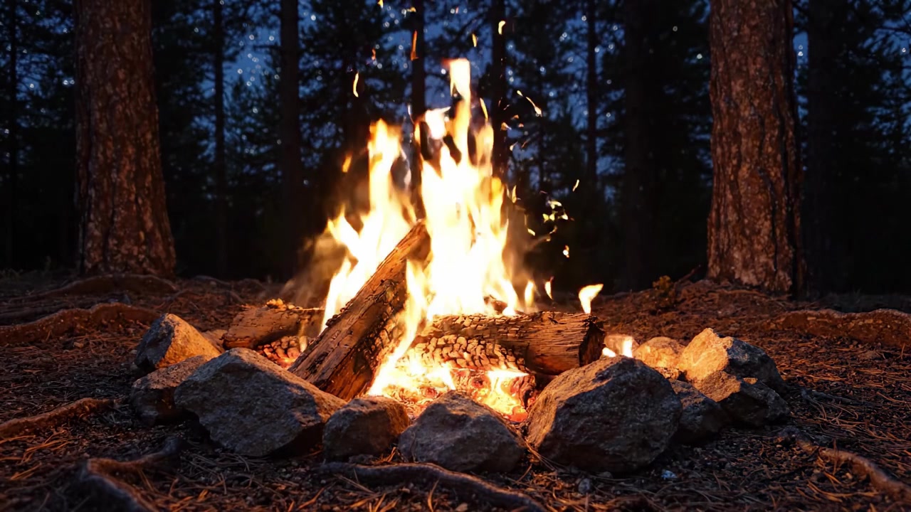 Captivating Night Campfire Gathering Showcasing a Brilliantly Flaming Fire Surrounded by Stone Ring in a Peaceful Forest Atmosphere