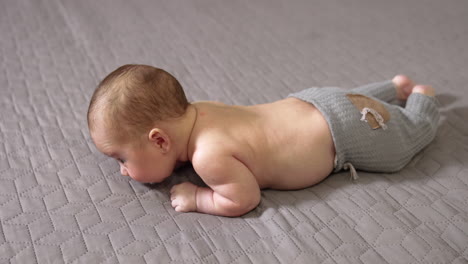 toddler lying on the bed face down and trying to keep his head up. baby boy in grey pants on the grey background.