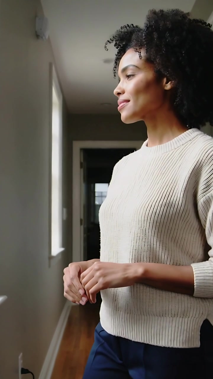 Vídeo vertical: Virando-se para a luz da janela, mulher com blusa creme movendo a cabeça, ajustando as mãos no corredor.