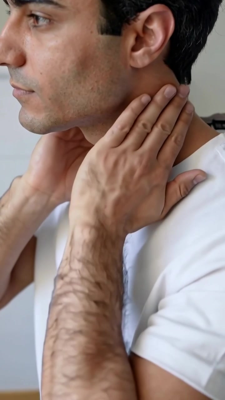Video verticale: Uomo in maglietta bianca che si massaggia il collo a casa per la tensione, mostrando un anello d'oro.