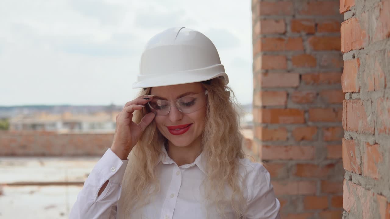 Female architect in business attire and a white helmet stands at the construction site