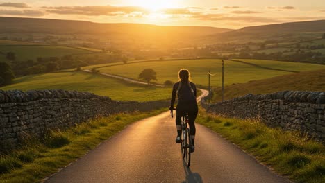 a serene sunset journey: a cyclist riding through scenic hills surrounded by lush fields and sunlit skies, capturing the essence of adventure and tranquility
