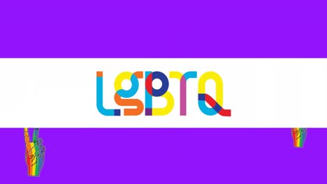 animation of lgbtq over purple background with rainbow hands