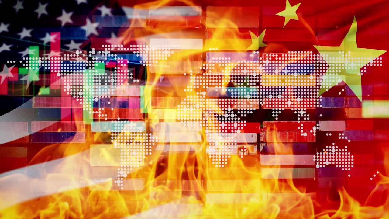 Animated global map burns, US-China flags showing symbolic trade crisis escalation