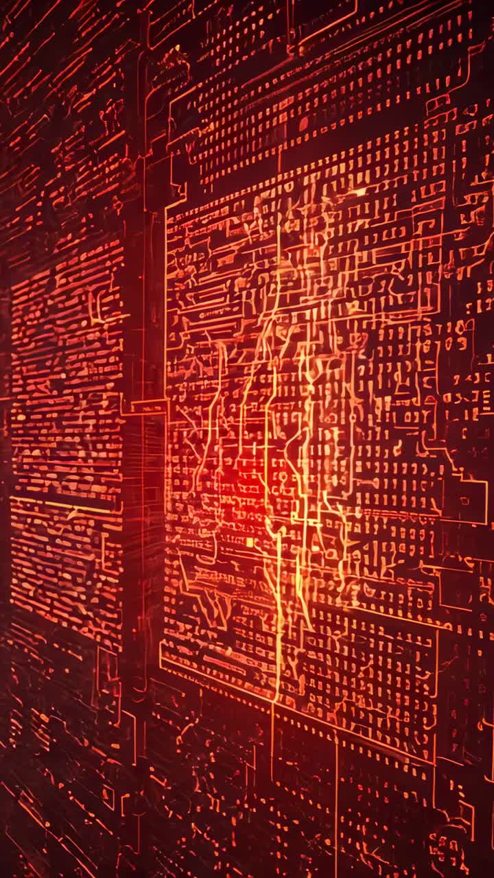 Vertical video: Moving camera navigating data tunnel, visualizing binary digits via glowing traces