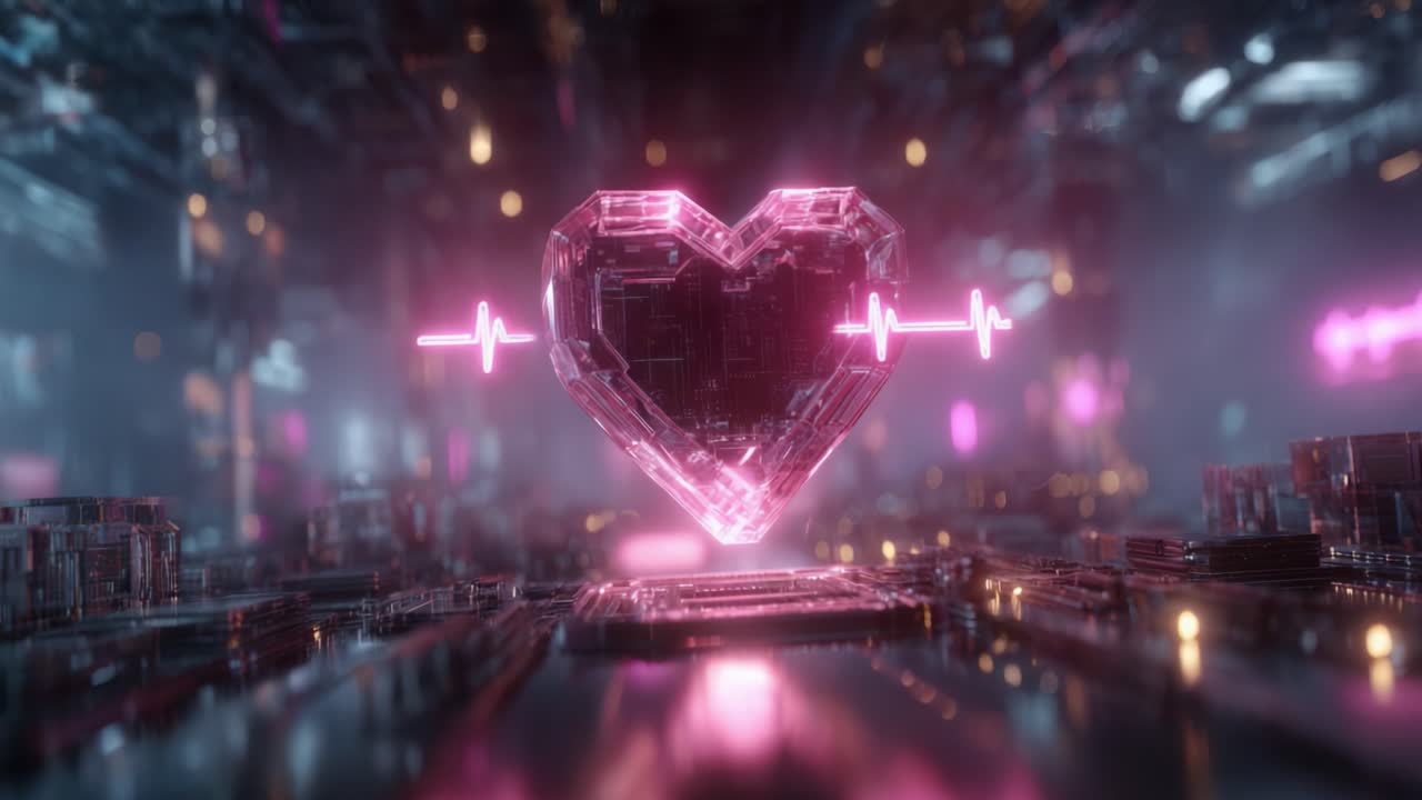 A Glowing Crystal Heart Beat in a Futuristic Digital Realm, Symbolizing Love and Vitality Amidst a High-Tech Background of Neon Lights and Circuitry Materials
