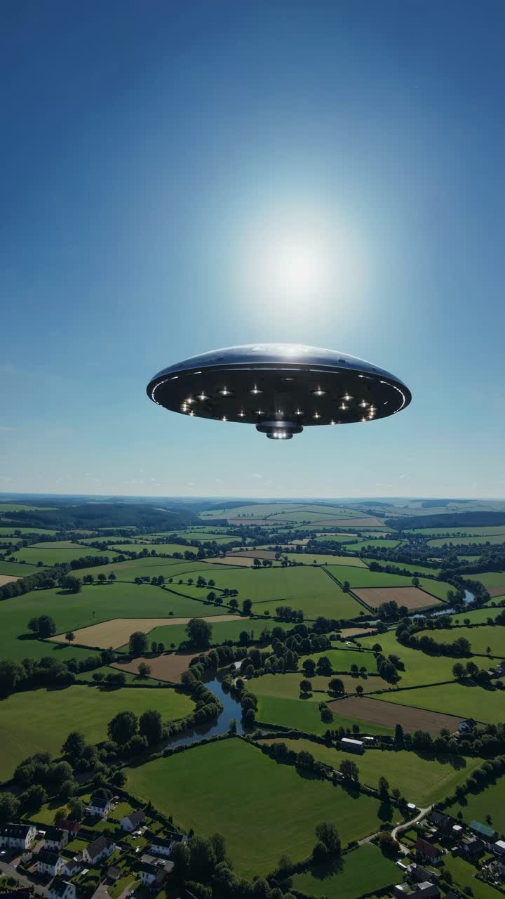 Aerial view of a UFO hovering over a countryside landscape, capturing a cinematic video feel