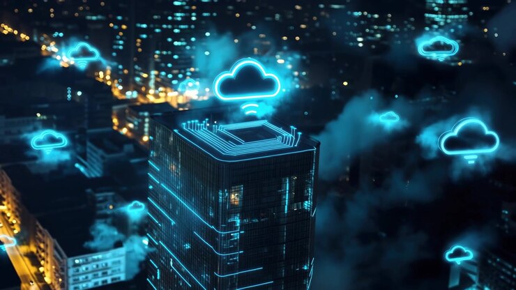 Digital Cloud Computing Concept Over Modern City Skyscraper at Night