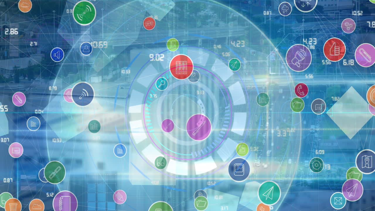 파란색 배경에 네온 둥근 스캐너에 대한 여러 디지털 아이콘의 디지털 애니메이션