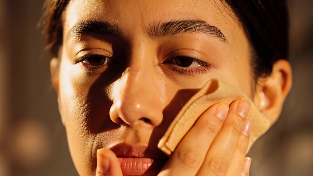 Holding soft beige cloth against right cheek, woman gently wiping face in studio for cleansing