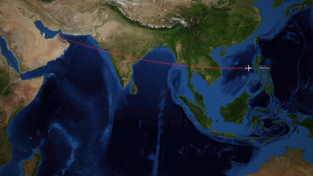 Animated Flight Path from Dubai to Manila on a Satellite Map