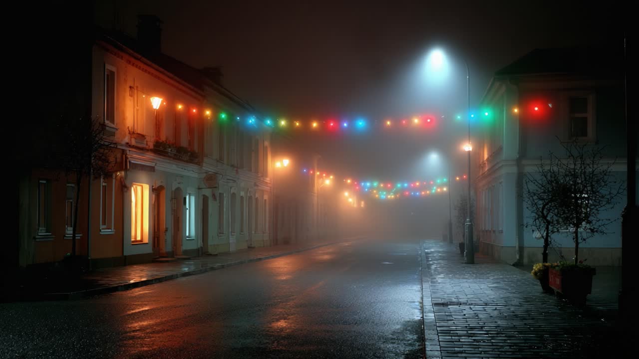 A Mysterious Street Scene Adorned with Colorful String Lights in a Foggy Night, Showcasing an Atmospheric Urban Setting of Unseen Charms and Quiet Beauty