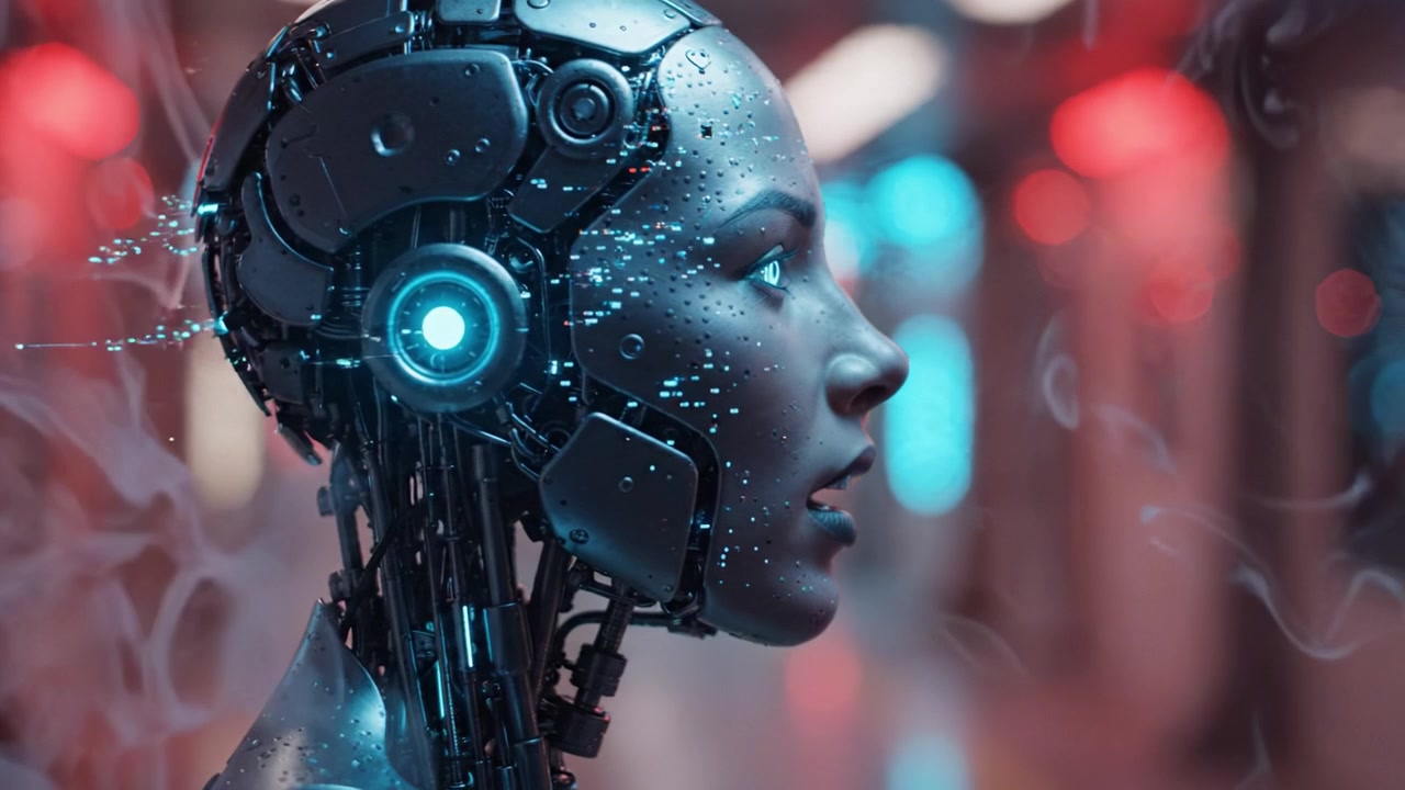 Futuristic humanoid robot illustration showcasing advanced technology, with intricate detailing and glowing features, in a visually striking environment of vibrant lights.
