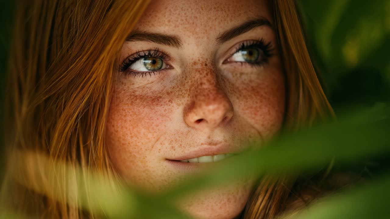 A Captivating Glimpse: A Woman with Freckles Peering Through Lush Greenery, Capturing the Essence of Natural Beauty and Serenity in this Enchanting Moment
