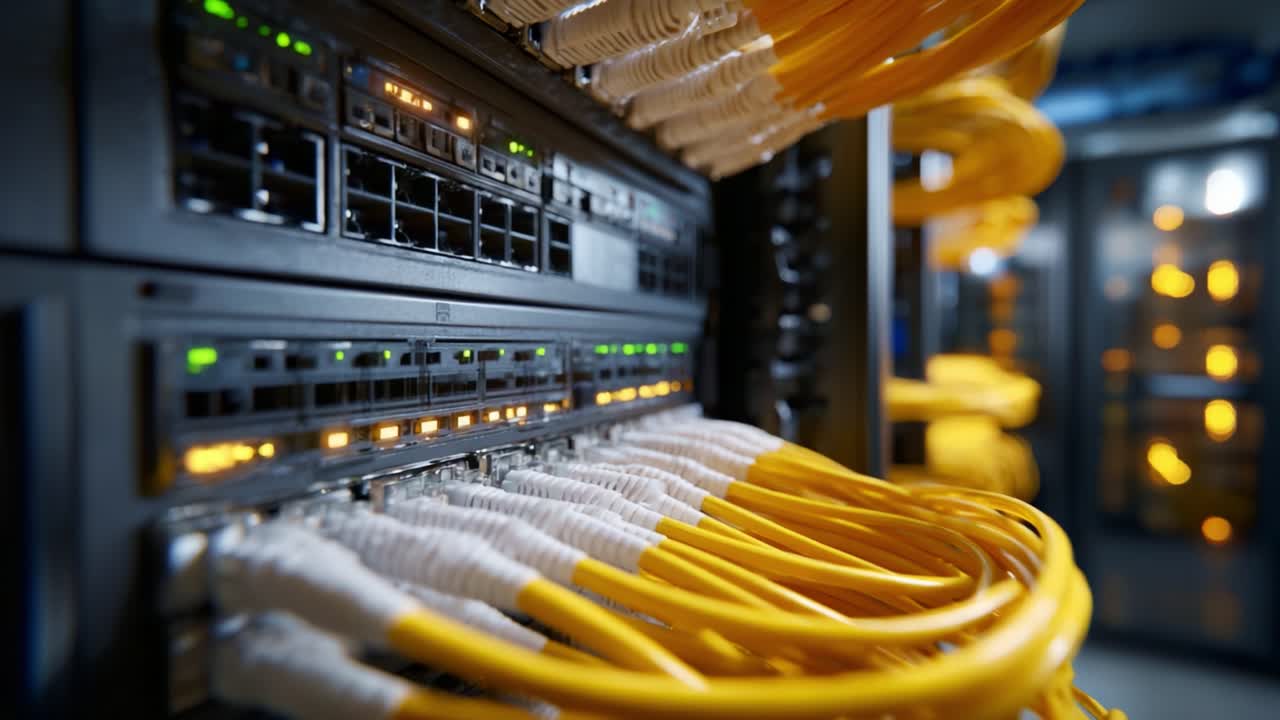 A Close-Up View of Network Infrastructure Featuring Yellow Ethernet Cables Interconnected with Advanced Server Equipment in a Data Center Environment