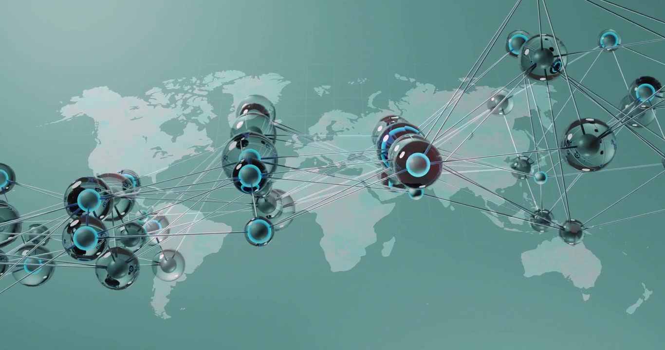 On data pulse network animating growing, linking camera panning, pulsing rings, showing global flow