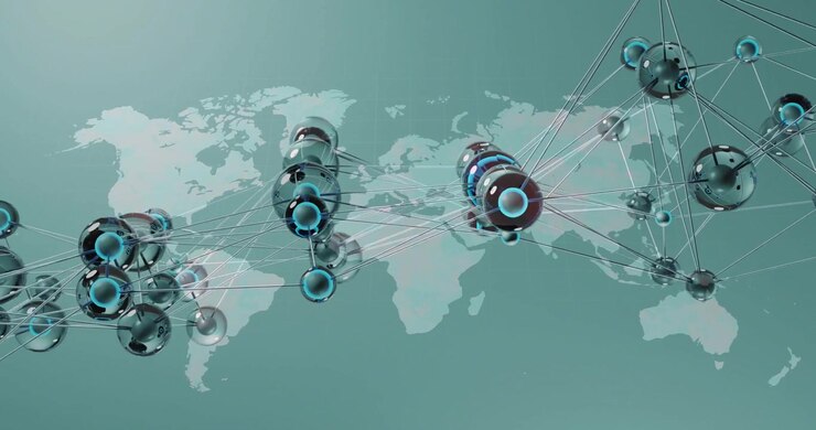 On data pulse network animating growing, linking camera panning, pulsing rings, showing global flow