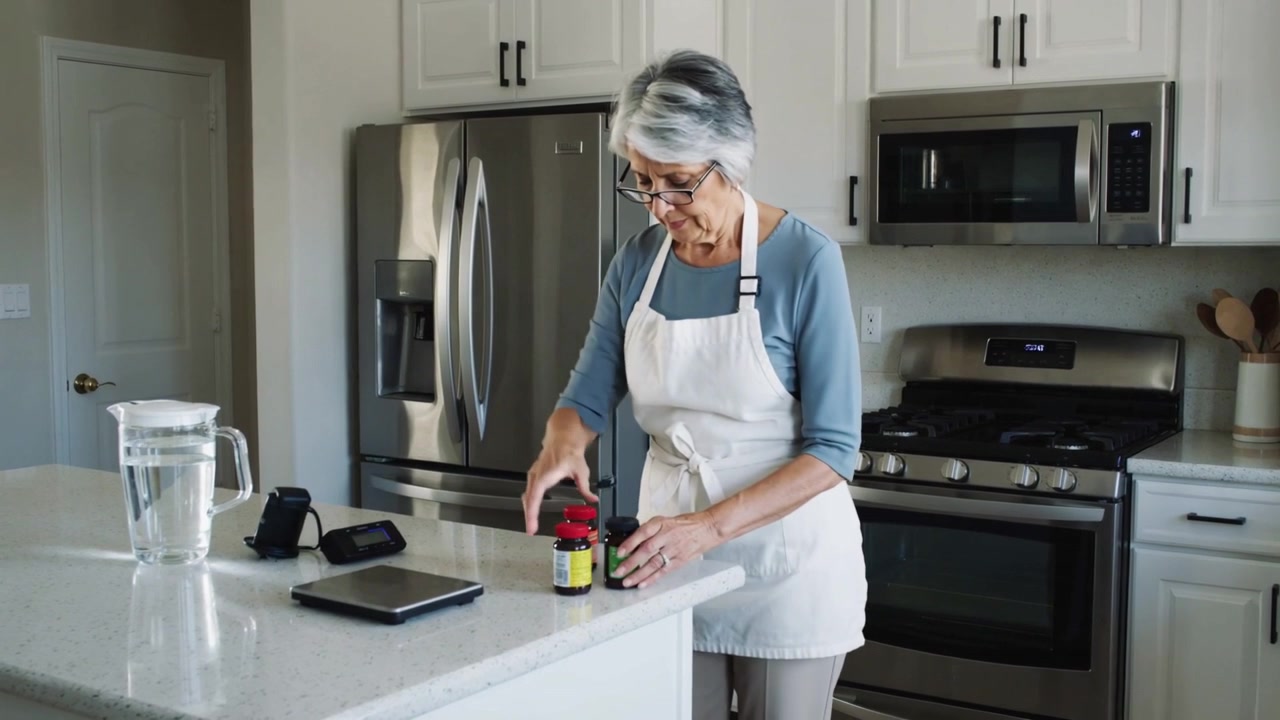 Donna anziana che legge un tablet, controlla i flaconi di pillole e sistema le dosi sull'isola della cucina, indossando un grembiule.