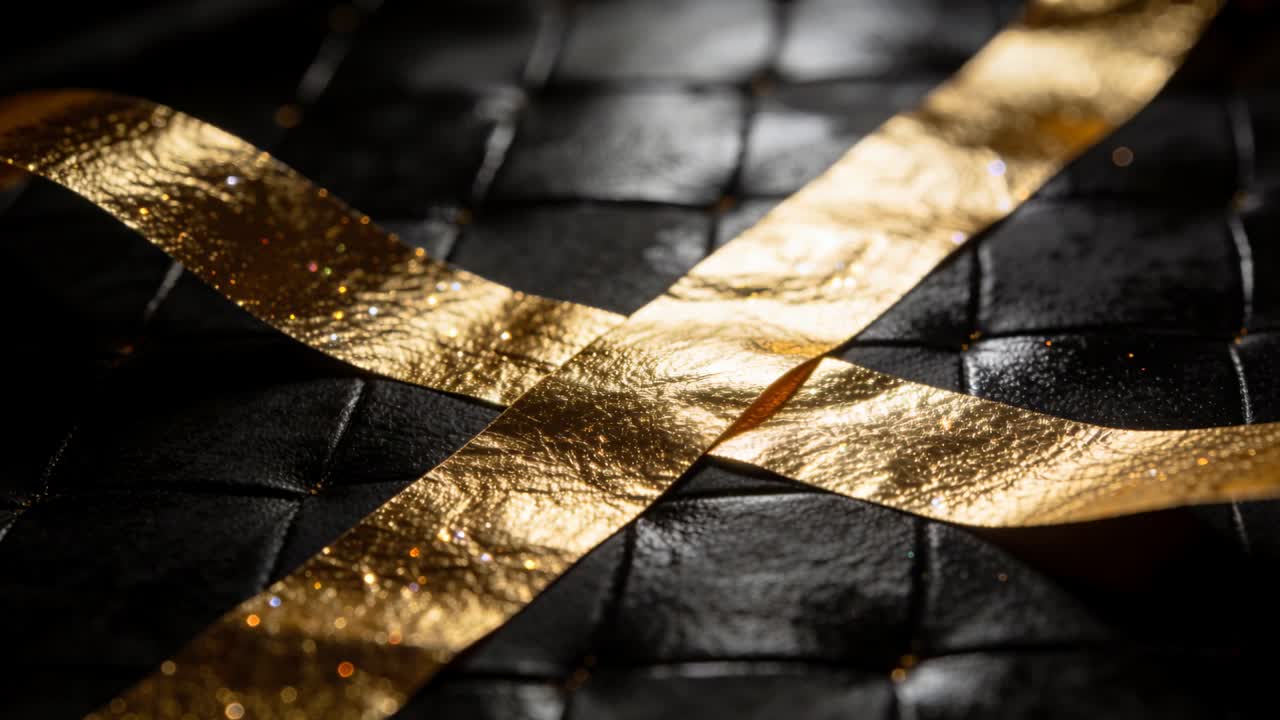 Gold foil strips crossing center catching shifting light, revealing glitter flecks for marketing